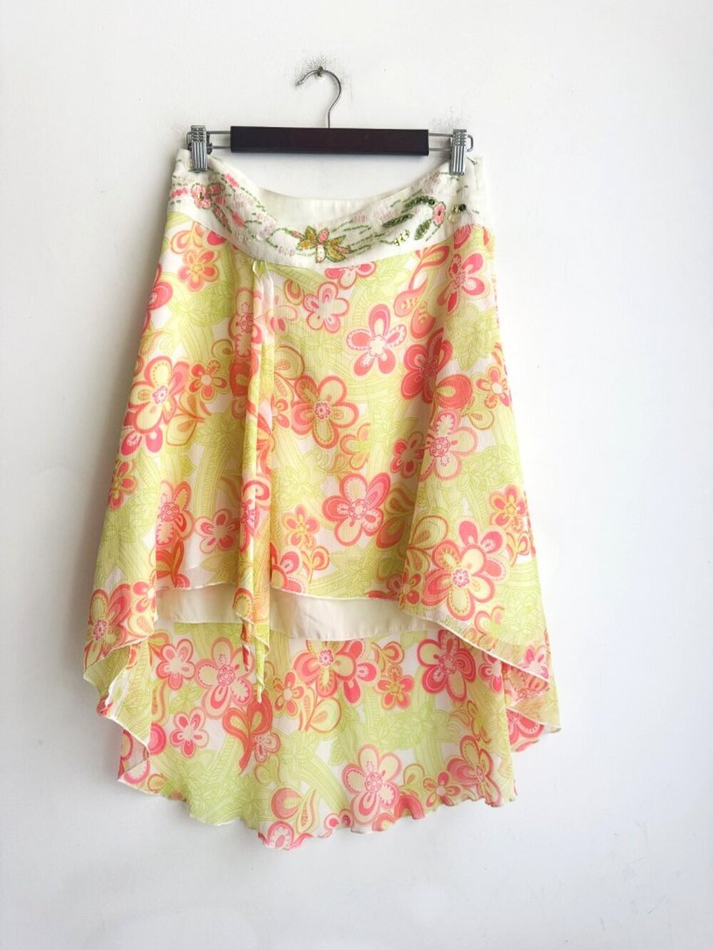 Vintage Y2K Green Pink Floral Sequin Beaded High Low Skirt Lizzy McGuire 8